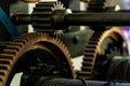 Church clockwork. The gear mechanism of a large old tower clock. Antique large clock mechanism with gears and cogs after