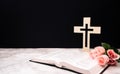 Church Composition With Wooden Cross , Bible And Beautiful Pink Flowers On White Background