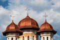 Church copper roof towers with christian crosses above Royalty Free Stock Photo