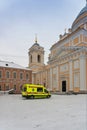 Russia, St. Petersburg, January 2022. Yellow ambulance in the courtyard of the Lavra.