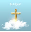 Church cross in heaven sky on Easter background. Christian golden crucifix symbol with clouds and sunbeams vector