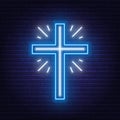 Church cross neon sign. Glowing symbol of the crucifixion Royalty Free Stock Photo