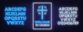 Church cross neon sign. Glowing symbol of the crucifixion with fonts. Inscription Welcome To Church.