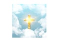 Church cross risen in heaven on Easter background. Christian golden crucifix symbol in sky with clouds and sunbeams