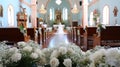 The church is decorated with white roses for the wedding ceremony, with the bride at the altar Royalty Free Stock Photo