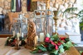 Church decoration for Christmas. Figurine of Virgin Mary on a donkey and angels. Lamp on the background of spruce Royalty Free Stock Photo