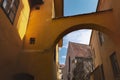 Church of the Dominican Monastery in Sighisoara, viewed through an archway Royalty Free Stock Photo