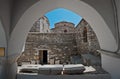 Church of 100 Doors viewed through arched window at Parikia, Paros, Greece Royalty Free Stock Photo