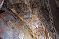 Church of Dormition with colorful medieval frescos in Vardzia cave monastery complex, Georgia. Inside view of stone chapel