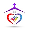 Church family heart shaped home logo, love union happy care concept in church logo on white background