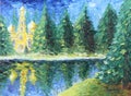 Church in the fir forest lake, oil painting