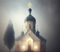 Church in foggy morning. illustration. Vintage style, created with Generative AI technology