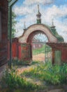 Church gates in summer, sunny day, oil painting Royalty Free Stock Photo