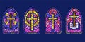 Church glass windows. Stained mosaic catholic and christian frames with cross. Vector gothic medieval arches on dark