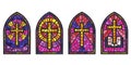 Church glass windows. Stained mosaic catholic and christian frames with cross. Vector gothic medieval arches isolated on