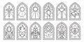 Church glass windows. Stained mosaic catholic and christian frames with cross. Vector gothic medieval outline arches