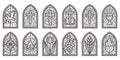 Church glass windows. Stained mosaic catholic and christian frames with cross. Vector gothic medieval outline arches Royalty Free Stock Photo