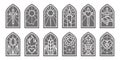 Church glass windows. Stained mosaic catholic and christian frames with cross. Vector gothic medieval outline arches Royalty Free Stock Photo