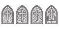 Church glass windows. Stained mosaic catholic and christian frames with cross. Vector outline gothic medieval arches