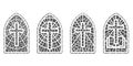 Church glass windows. Stained mosaic catholic and christian frames with cross. Vector outline gothic medieval arches Royalty Free Stock Photo