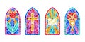 Church glass windows. Stained mosaic catholic frames with cross, book and religious symbols. Vector set isolated on
