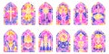 Church glass windows. Stained mosaic catholic frames with cross, book and religious symbols. Vector set isolated on