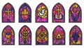 Church glass windows. Stained mosaic catholic frames with cross, book and religious symbols. Vector set isolated on