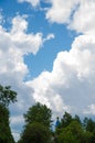 Church with golden domes and a cross from afar against a blue sky with white clouds and trees in the foreground Royalty Free Stock Photo