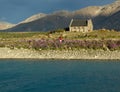 Church of the Good Shepherd and Lake Tekapo, South Island, New Zealand Royalty Free Stock Photo