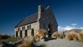 The Church of good shepherd one of the tourist attraction spot, Lake Tekapo New zealand, view from the side with afternoon sun lig Royalty Free Stock Photo