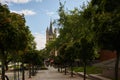 Church of Great St. Martin and other Cologne buildings seen from an outdoor park, Germany