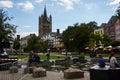 Church of Great St. Martin and other Cologne buildings seen from an outdoor park, Germany