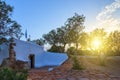 Cozy little blue white church chapel in traditional colors which perched on the greek sea next to a small tree over Royalty Free Stock Photo