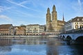 Church of Grossmunster and reflection in Limmat River, Zurich Royalty Free Stock Photo