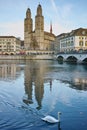 Church of Grossmunster and reflection in Limmat River, Zurich Royalty Free Stock Photo