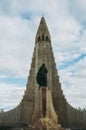 Church of HallgrÃÂ­mur - HallgrÃÂ­mskirkja - in the city of Reykjavik, Iceland. Facade and the statue of Leif Eiriksson