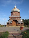 Garmony building, Wood Church on hill behind river, country church, bribge to church traditions of church building ukrainian