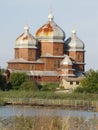 Garmony building, Wood Church on hill behind river, country church, bribge to church traditions of church building ukrainian