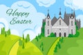 Church on hill. Scenic sky and summer landscape. Easter greeting card. Bible holiday. Cross road. Christ house