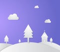 Church on hills and Pine with paper style vector illustration.Winter scene with church. Royalty Free Stock Photo