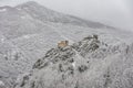 The Church of the Holy Mother of God in Asen`s fortress at winter. Old medieval fortress near Asenovgrad city. Plovdiv region, Bul Royalty Free Stock Photo