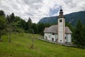 Church of The Holy Spirit on the bank of Bohinj lake, Bohinj, Slovenia, Europe Royalty Free Stock Photo