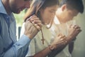 At church. Hope for peace and free from coronavirus,  Group of diversity people praying, Hand in hand together, believes and faith Royalty Free Stock Photo