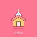 Church icon in comic style. Chapel vector cartoon illustration on isolated background. Religious building business concept splash