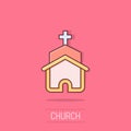 Church icon in comic style. Chapel vector cartoon illustration on isolated background. Religious building business concept splash