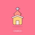 Church icon in comic style. Chapel vector cartoon illustration on isolated background. Religious building business concept splash