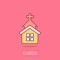 Church icon in comic style. Chapel vector cartoon illustration on isolated background. Religious building business concept splash