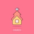 Church icon in comic style. Chapel vector cartoon illustration on isolated background. Religious building business concept splash