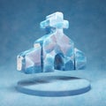 Church icon. Cracked blue Ice Church symbol on blue snow podium