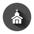 Church icon in flat style. Chapel vector illustration on black round background with long shadow. Religious building business